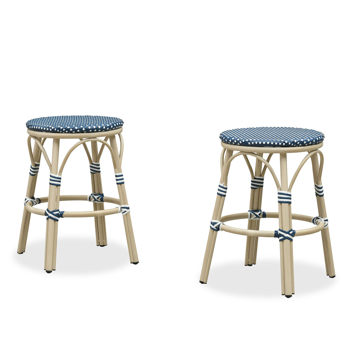 PURPLE LEAF Patio French Round Counter Stool Set of 2 Rattan Backless Stackable Barstools Aluminum Frame Footrest with Woven Wicker for Outdoor Kitchen Yard