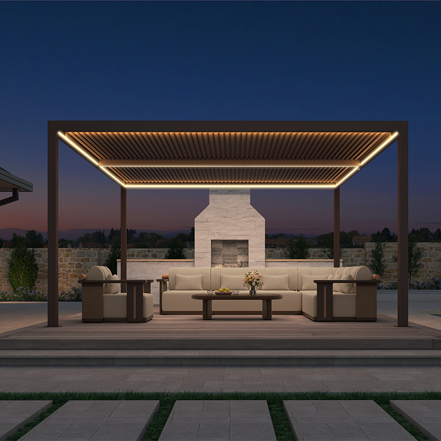 PURPLE LEAF Athena Louvered Pergola Bronze Outdoor Aluminum Pergola with Strip Lights Adjustable Gazebo for Patio Deck Garden