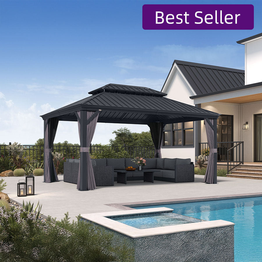 PURPLE LEAF Patio Gazebo for Backyard Grey Hardtop Galvanized Steel Roof Awning with Upgrade Curtain