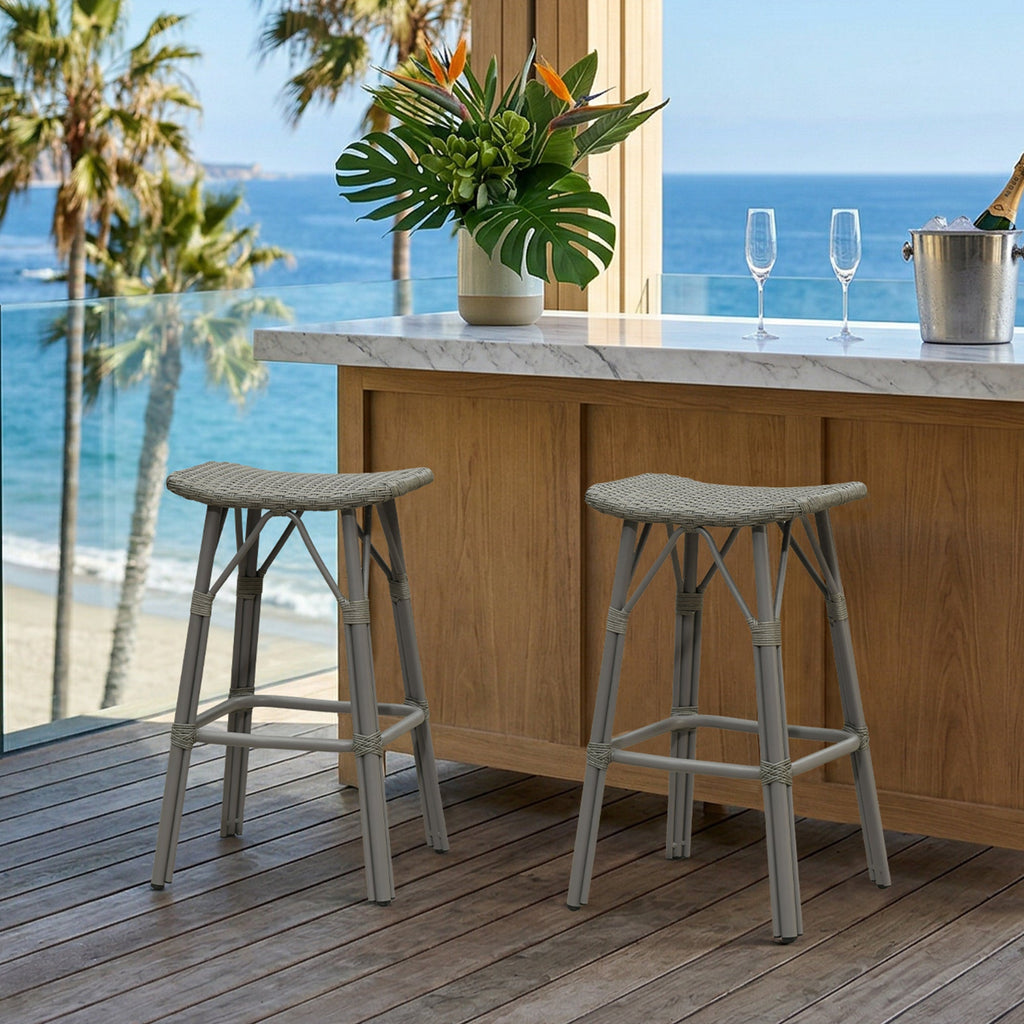 PURPLE LEAF Outdoor Bar Stools Set of 2 Backless Rattan Barstools with Saddle Seat and Footrest All Weather Aluminum Bar Chairs for Patio Kitchen Island Pool Balcony