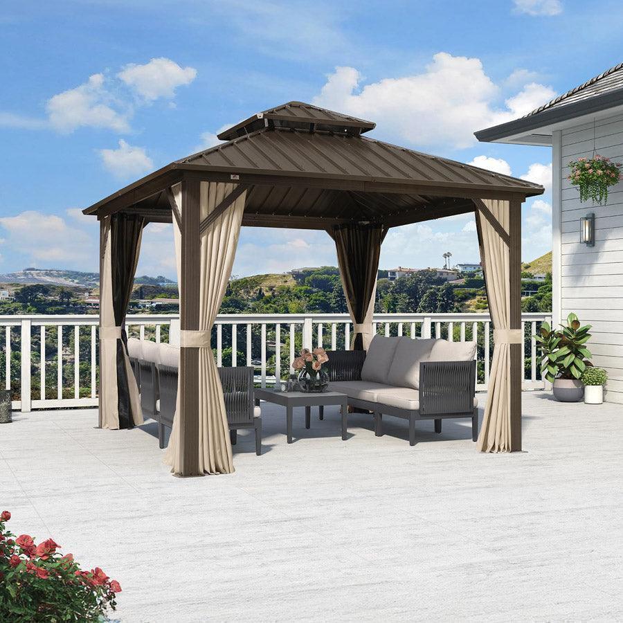 PURPLE LEAF Hardtop Gazebo Featuring Galvanized Steel Double Roof and Bronze Aluminum Frame with Curtains and Netting for Poolside with Lights-clear
