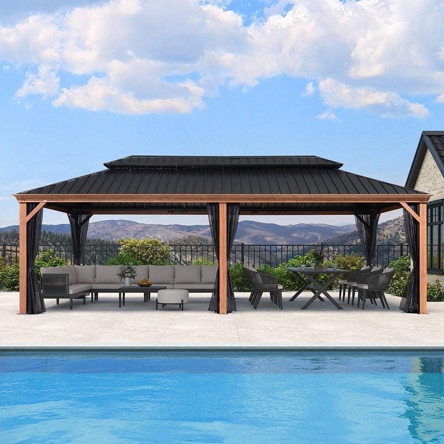 PURPLE LEAF Hardtop Gazebo for Patio Wood Grain Aluminum Frame Awning with Netting