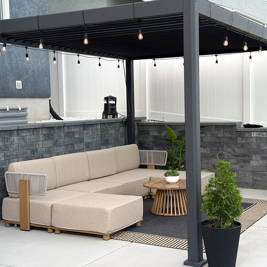 PURPLE LEAF Breck U-Shaped  with table Modular Outdoor Sectional with Wood-Grain Aluminum Frame and Thick Teak-Colored Cushions for Family Entertaining