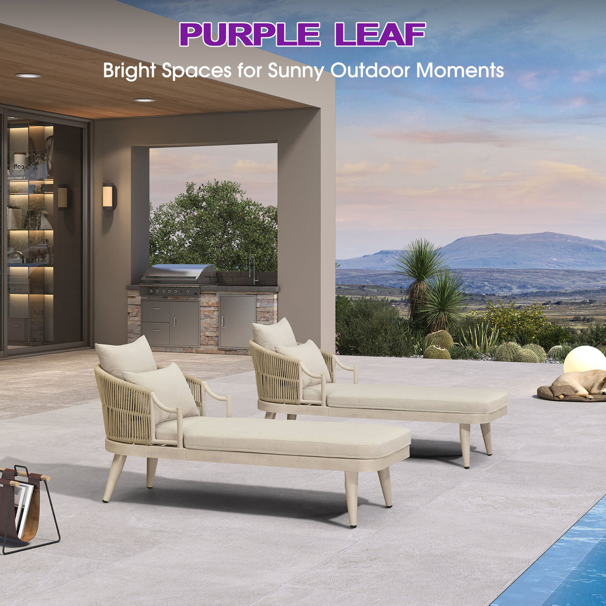 PURPLE LEAF Outdoor Lounge Chair, Patio Chaise Lounge with Cushioned Seat & Supportive Armrests, Ergonomic Aluminum Pool Lounge Chairs for Backyard Deck Poolside