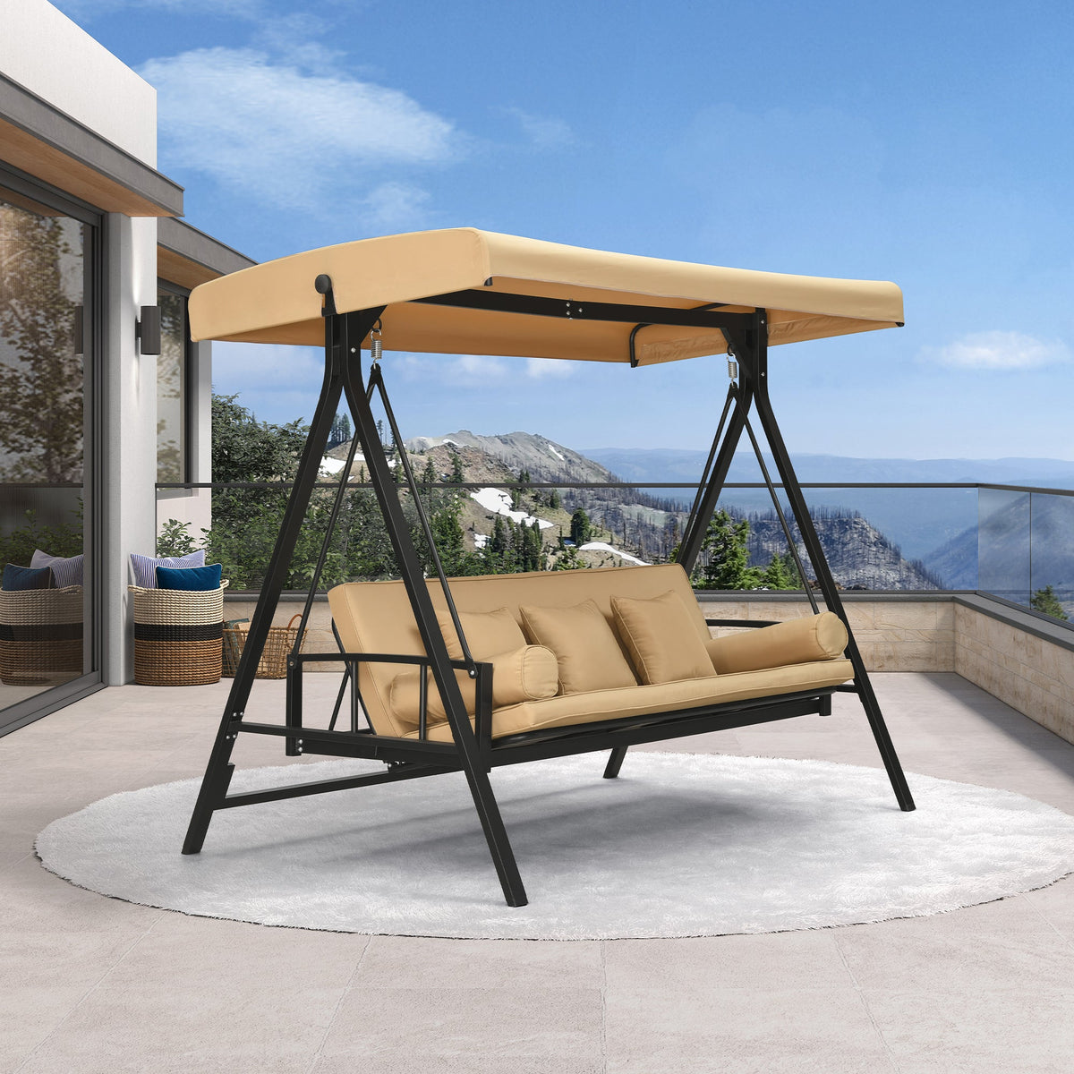 PURPLE LEAF Porch Swing with Adjustable Tilt Canopy Patio Swing with Stand and Meatl Steel Frame All-Weather Outdoor Swing Chair Seat Space-Saving for Backyard Garden Deck