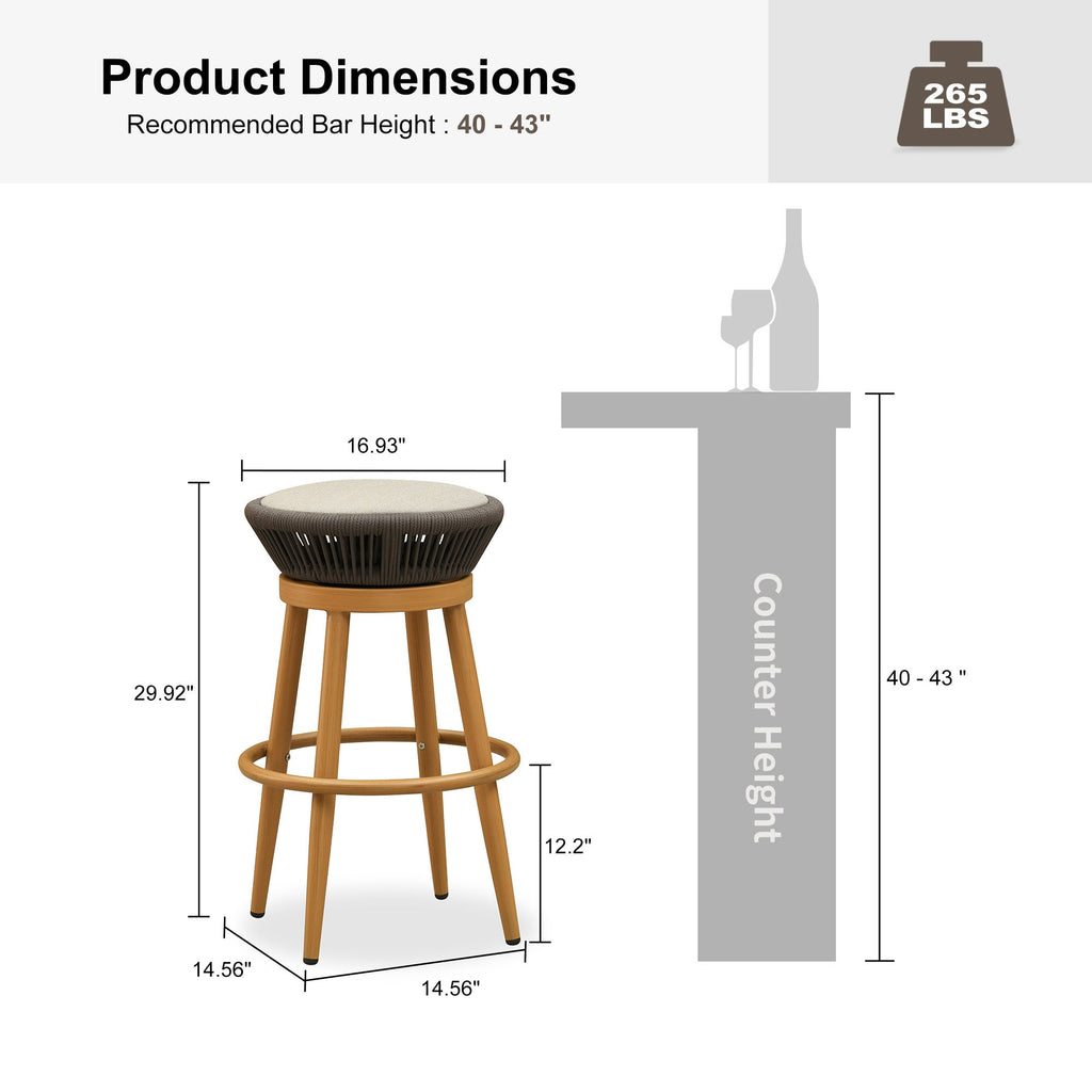 PURPLE LEAF Outdoor Swivel Bar Stools Set of 2 Metal Modern Rattan Bar Chairs with Backrest Aluminum Woven Barstools with Cushions