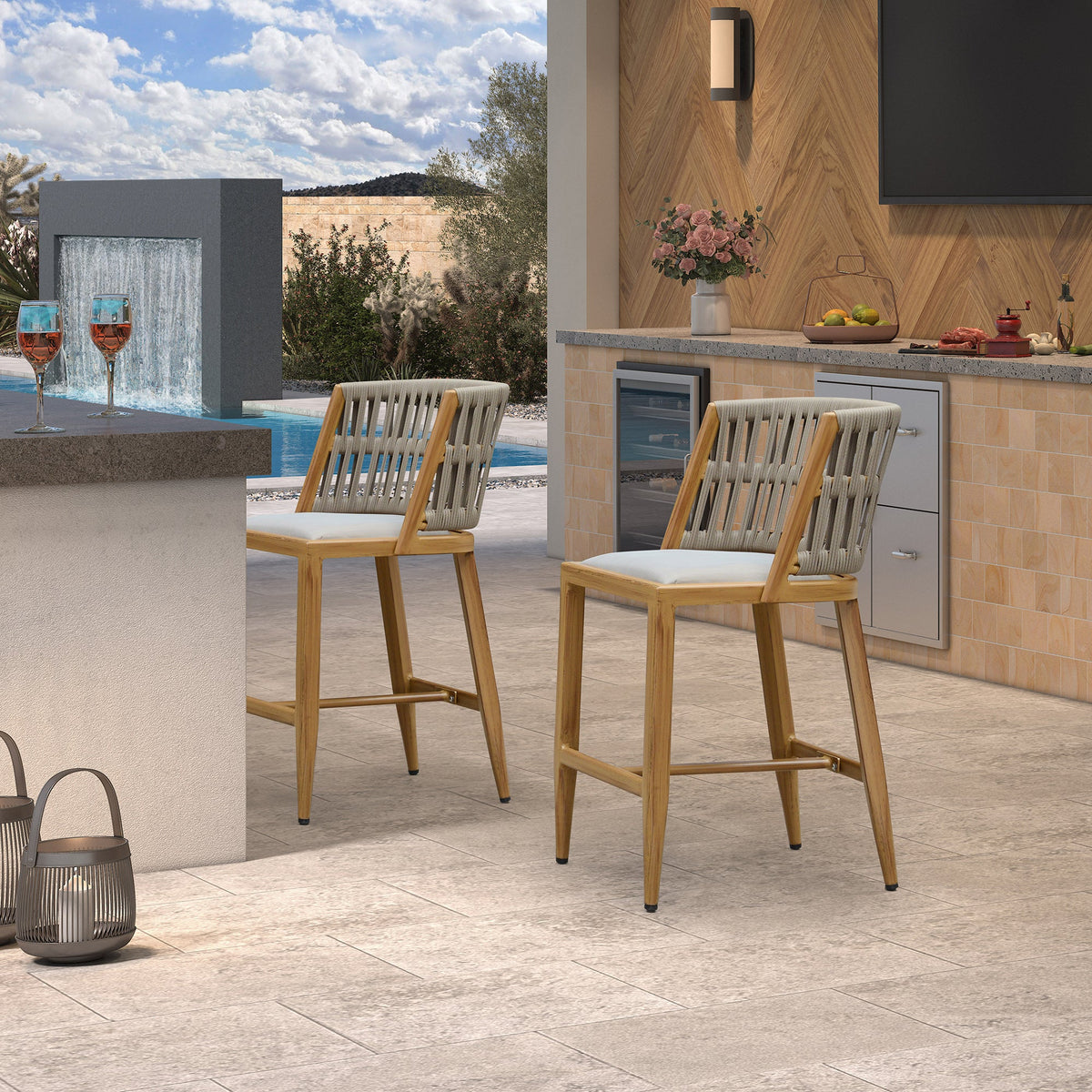 PURPLE LEAF Outdoor Bar Stools Set of 2 for Overweight Wicker Rattan Patio Barstools Woven Modern Bar Chairs with Backrest and Cushions for Garden Outside