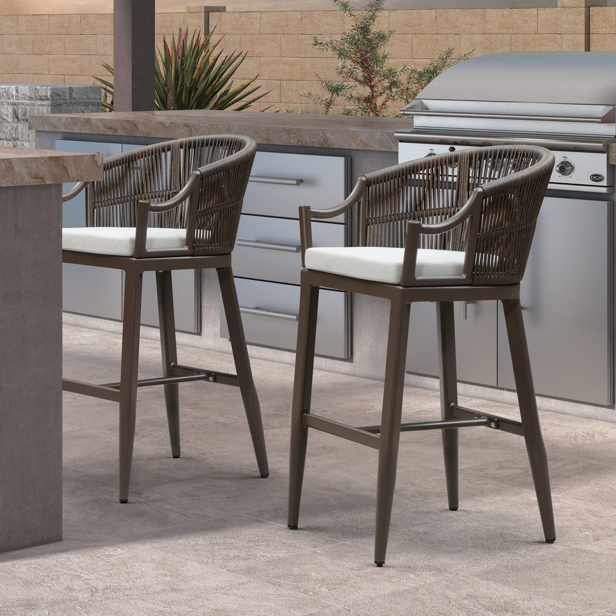 PURPLE LEAF Patio Bar Stools Set of 2 Outdoor Wicker Modern High Bar Chairs Metal Cushioned Barstools with Backs and Ergonomic Armrest
