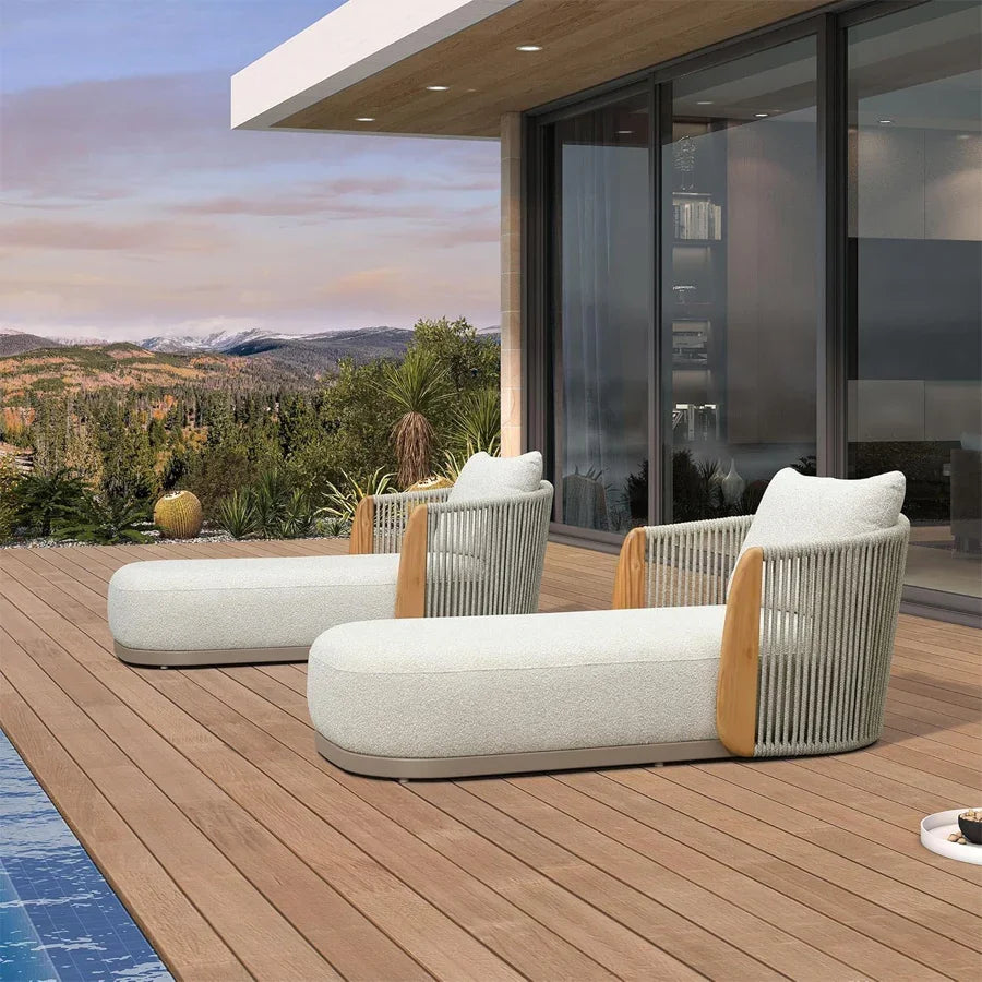 PURPLE LEAF Luxury  Hailar Olefin Patio Chaise Lounge Chair , Upholstered Pool Aluminium Lounge Chairs for Outdoor with Teak Armres for Deck, Pool, Lawn, Garden, Courtyard, Porch