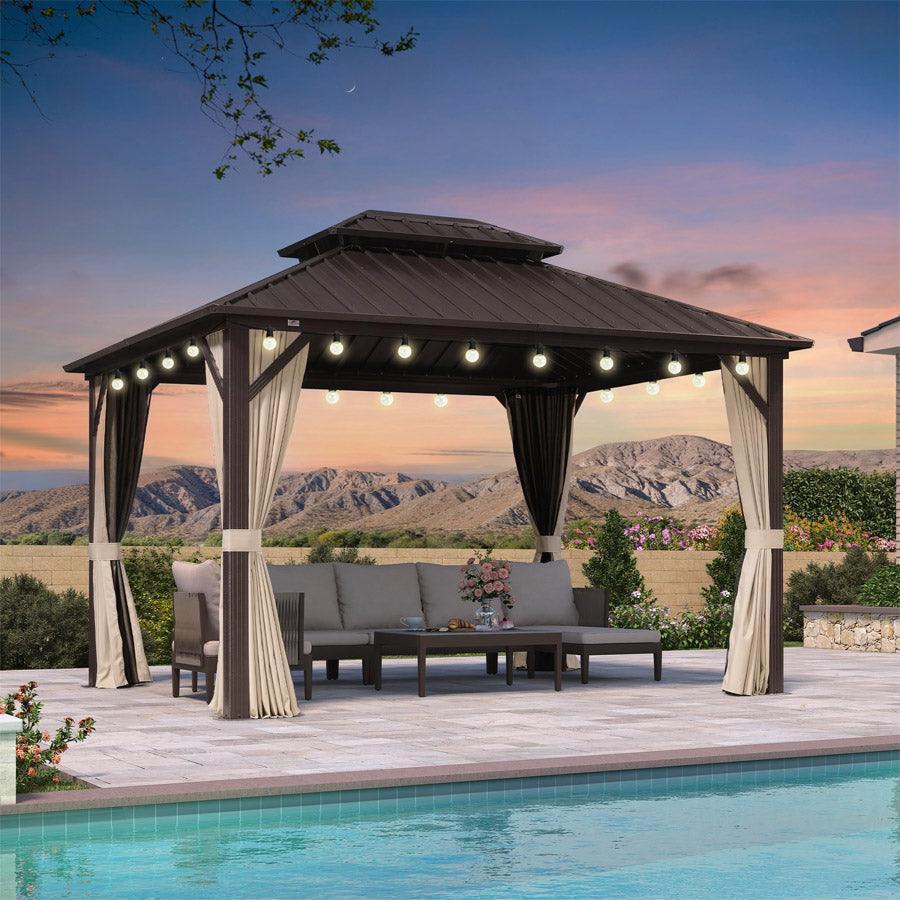 PURPLE LEAF Hardtop Gazebo Featuring Galvanized Steel Double Roof and Bronze Aluminum Frame with Curtains and Netting for Poolside with Lights-clear