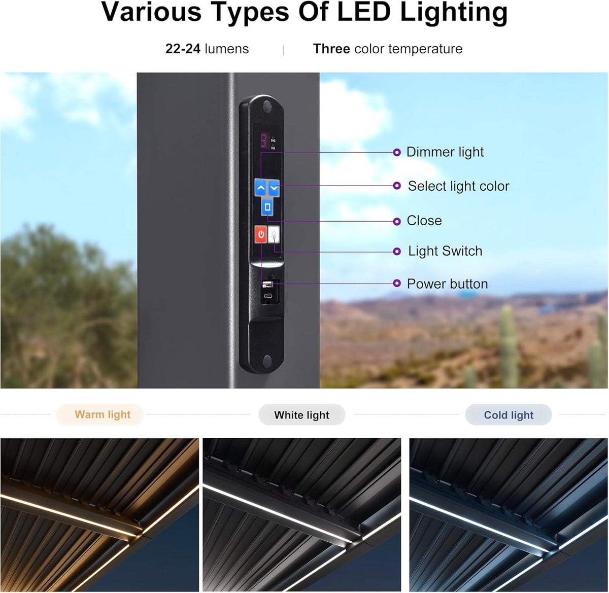 PURPLE LEAF Caesar Solar Louvered Pergola with LED Strip Lights and Control Panel Aluminum Outdoor Pergola with Adjustable Roof for Patio Deck Garden Yard Gray