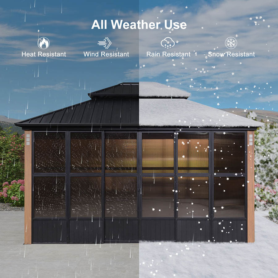 PURPLE LEAF Sunroom Hardtop Gazebo with Wood Grain Columns Black Frame Double Roof Galvanized Steel Solarium All-Weather Screen House with String Lights