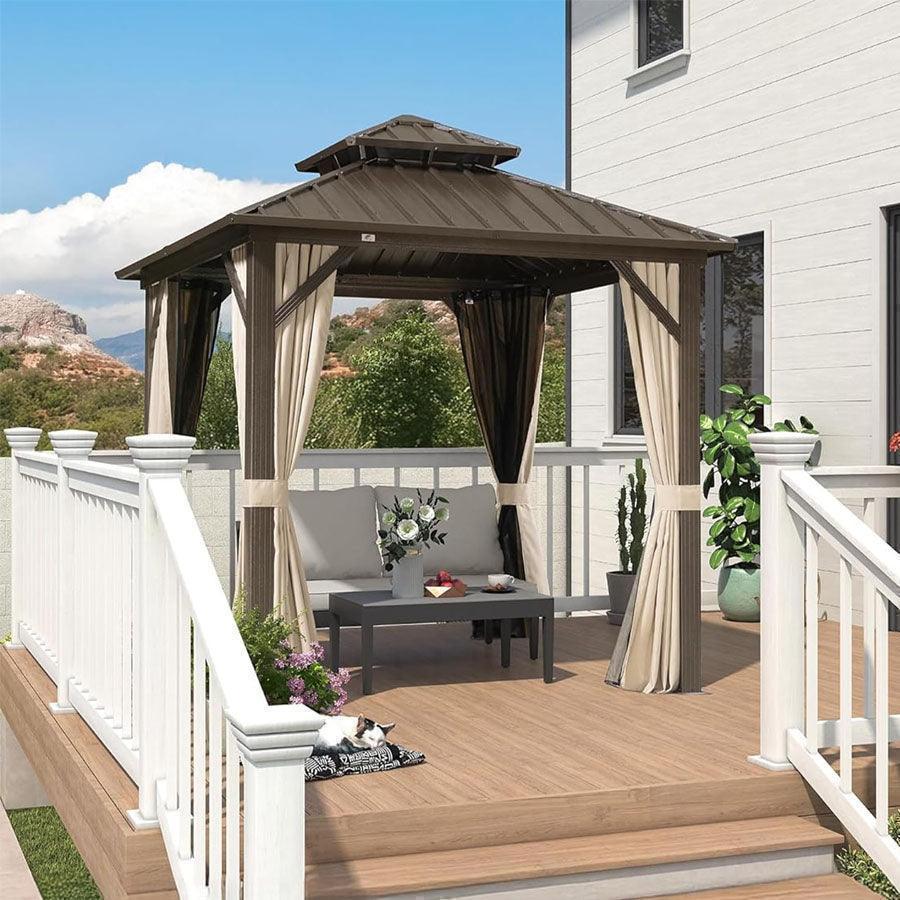 PURPLE LEAF Hardtop Gazebo Featuring Galvanized Steel Double Roof and Bronze Aluminum Frame with Curtains and Netting for Poolside with Lights-clear