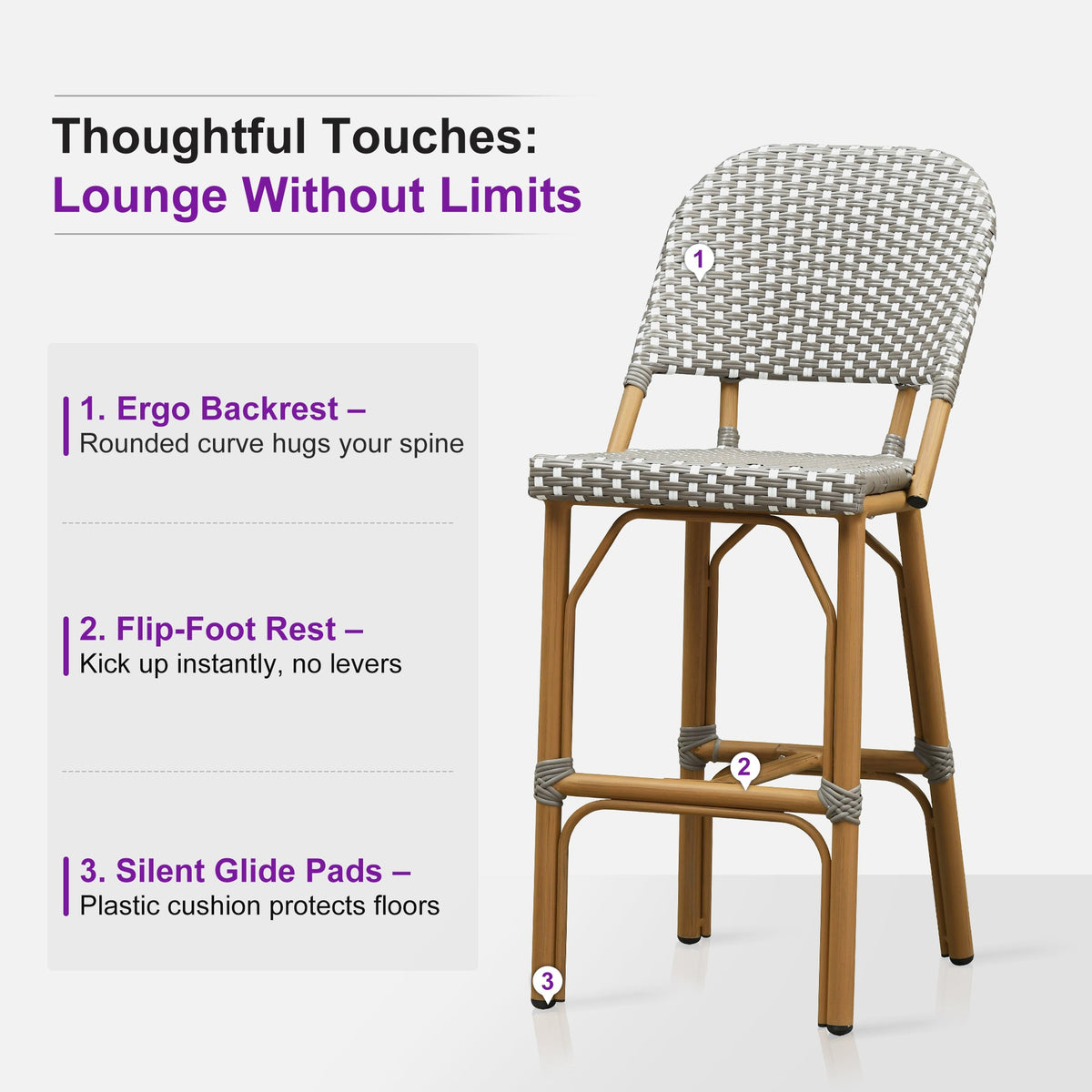 PURPLE LEAF Outdoor Bar Height Stools Set of 2 French Country Patio Rattan Bar Stool Chairs Outdoor Armless Barstools for Porch Garden Indoor Kitchen