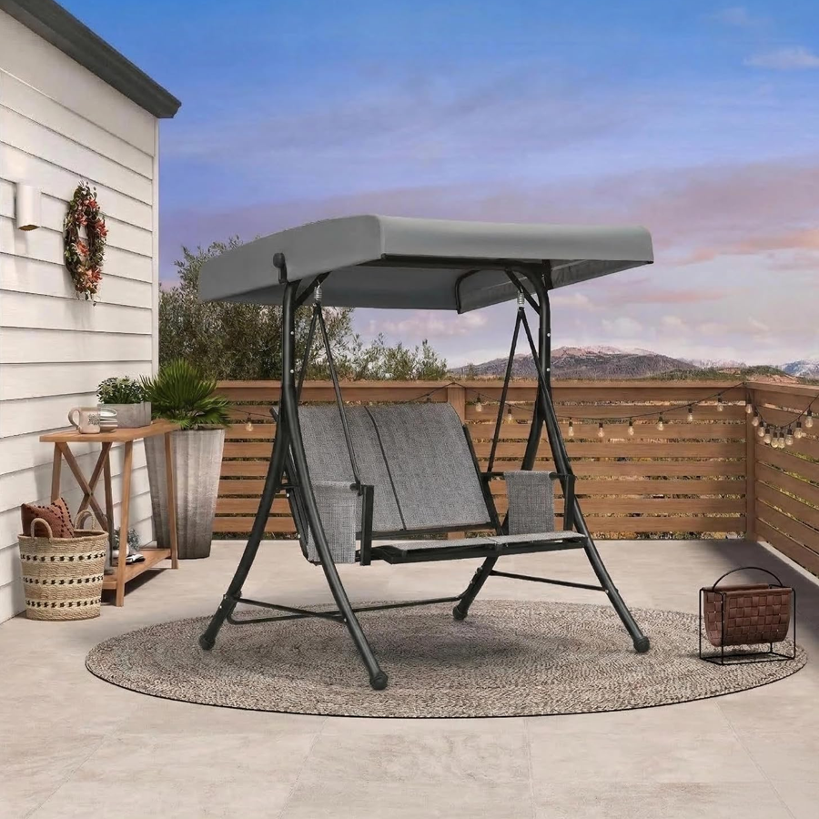 PURPLE LEAF Porch Swing with Adjustable Tilt Canopy Patio Swing with Stand and Meatl Steel Frame All-Weather Outdoor Swing Chair Seat Space-Saving for Backyard Garden Deck