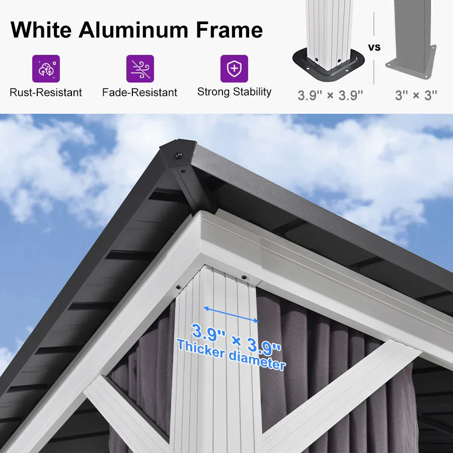 PURPLE LEAF Modern Gazebo Grey Hardtop Galvanized Steel Double Roof White Aluminum Poles with Curtains and Netting with Lights-milky