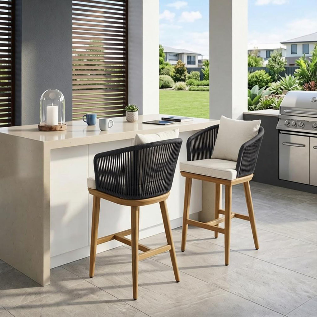 PURPLE LEAF Outdoor Bar Stools Patio Modern Aluminum Rattan High Back & Arms Bar Chairs with Removable Cushions and Pillows  for Outdoor or Indoor