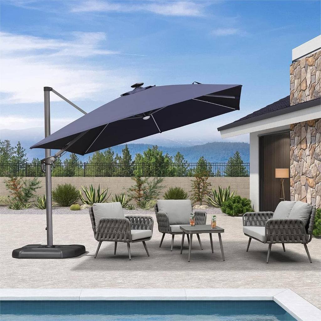 PURPLE LEAF – Parasol de terrasse déporté 10ft avec éclairage LED, rotation 360° et inclinaison