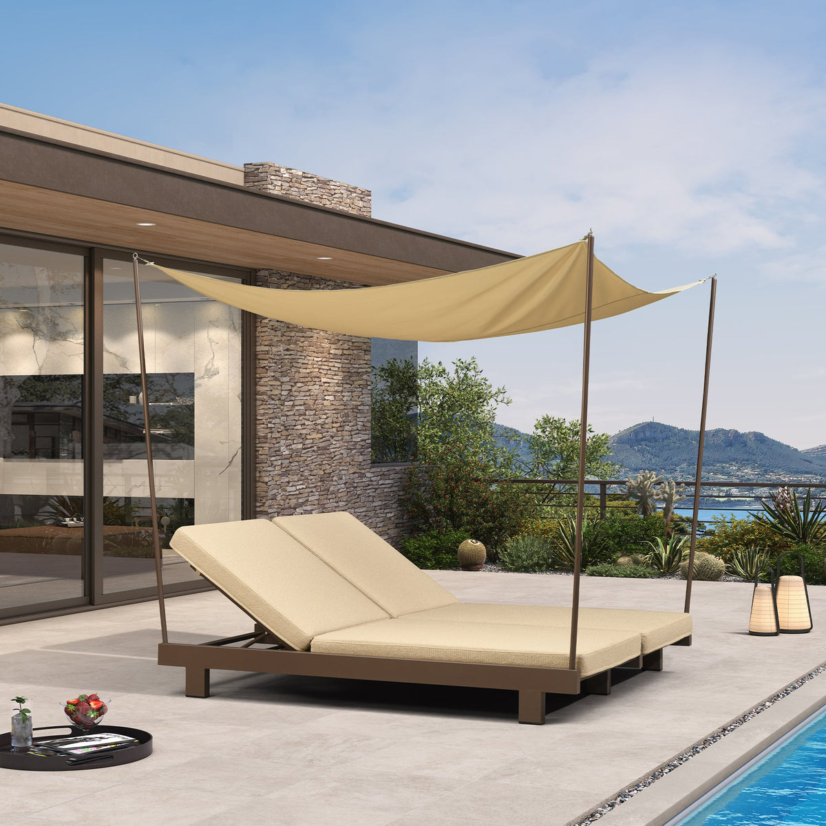 PURPLE LEAF Outdoor Luxury Daybed for Patio,  Poolside Chaise Lounge Bed with Cushion, Olefin Blend Fabric, Aluminum Frame Sunbed for Deck and Backyard