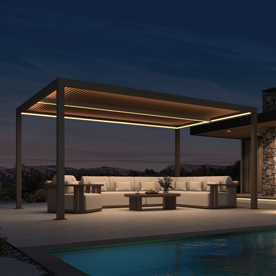 PURPLE LEAF Athena Louvered Pergola Bronze Outdoor Aluminum Pergola with Strip Lights Adjustable Gazebo for Patio Deck Garden
