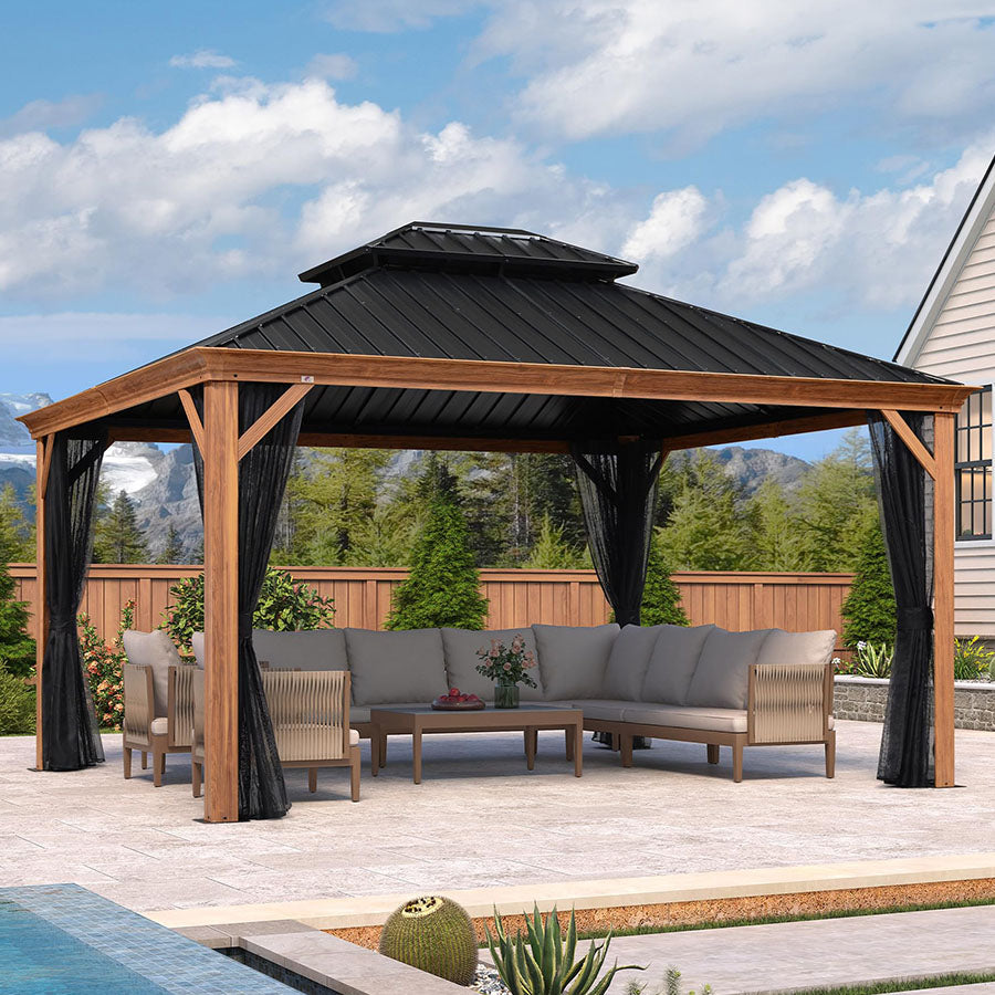 PURPLE LEAF Hardtop Gazebo for Patio Wood Grain Aluminum Frame Awning with Netting