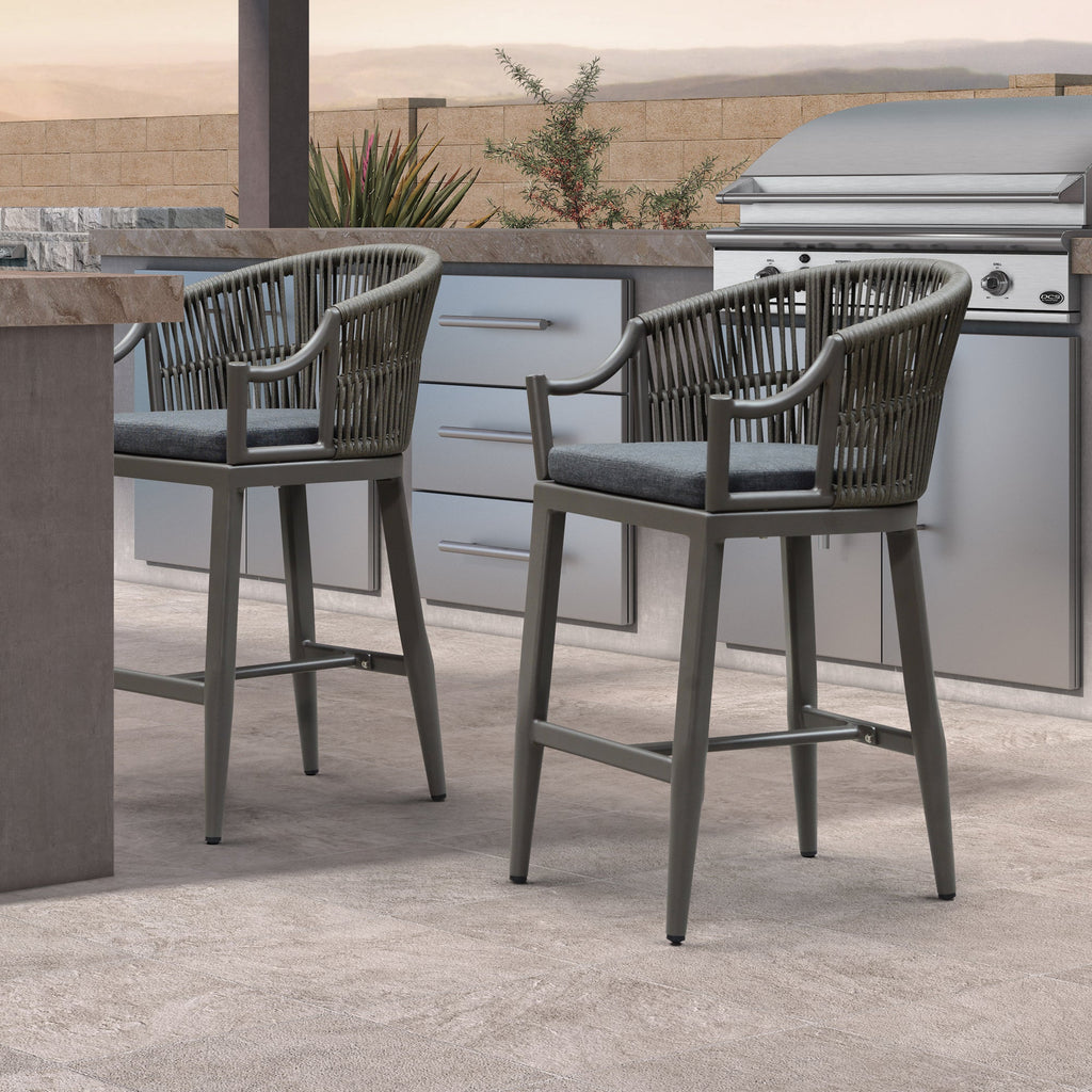 PURPLE LEAF Patio Bar Stools Set of 2 Outdoor Wicker Modern High Bar Chairs Metal Cushioned Barstools with Backs and Ergonomic Armrest