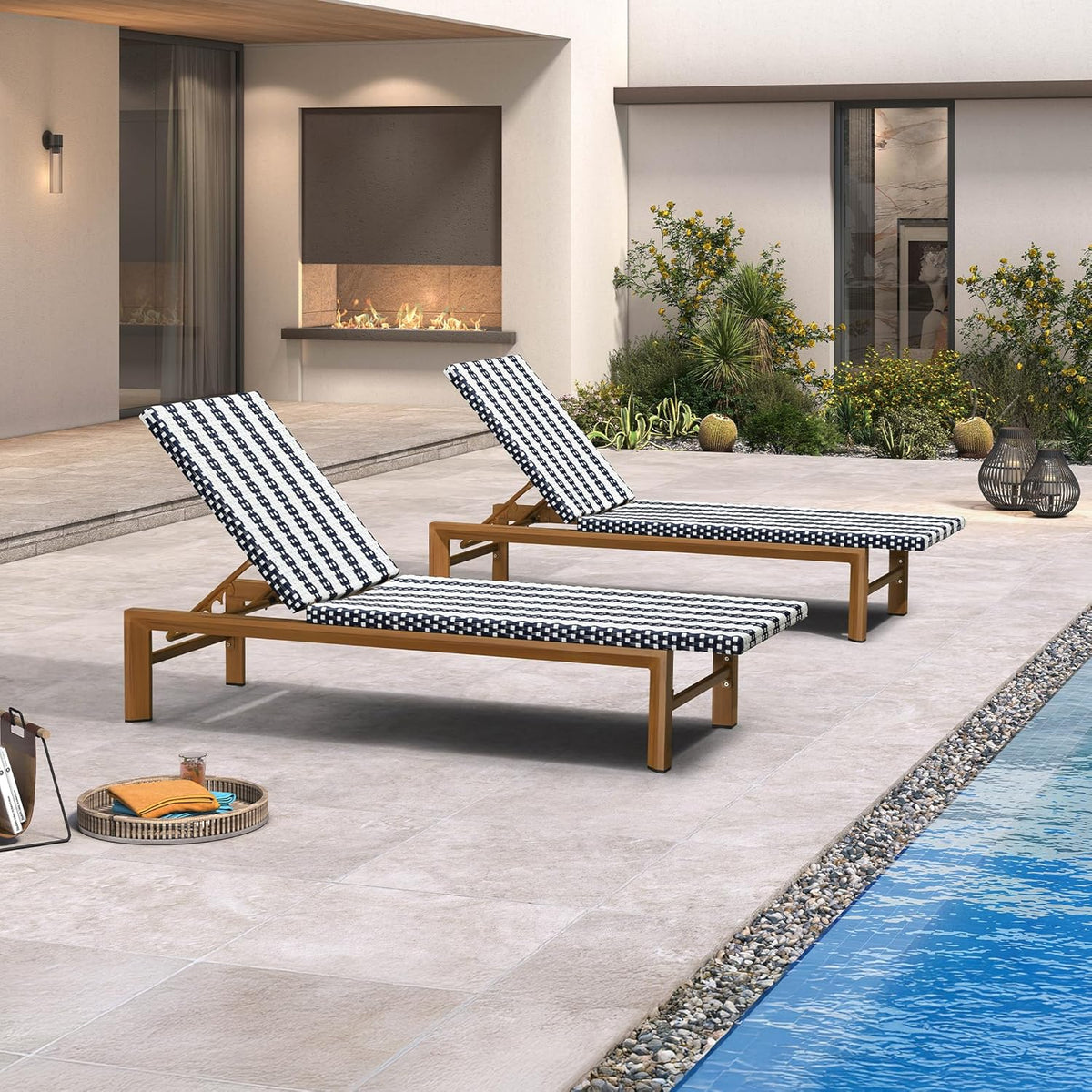 PURPLE LEAF Outdoor Teak Chaise Lounge Chair, Wood Grain Aluminum Outdoor Pool Lounge Chairs with Adjustable Backrest, Breathable Recliner for Patio, Poolside, Garden