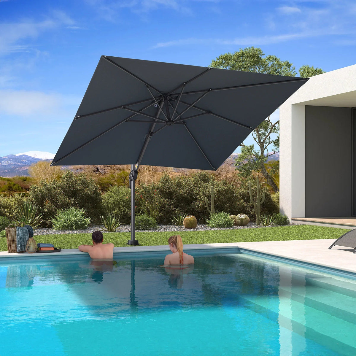 PURPLE LEAF Pool Umbrella Outdoor Cantilever Umbrella with In-ground Base