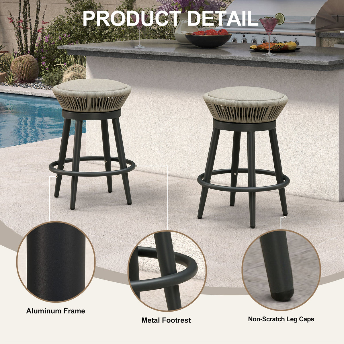 PURPLE LEAF Outdoor Swivel Bar Stools Set of 2 Metal Modern Rattan Bar Chairs with Backrest Aluminum Woven Barstools with Cushions