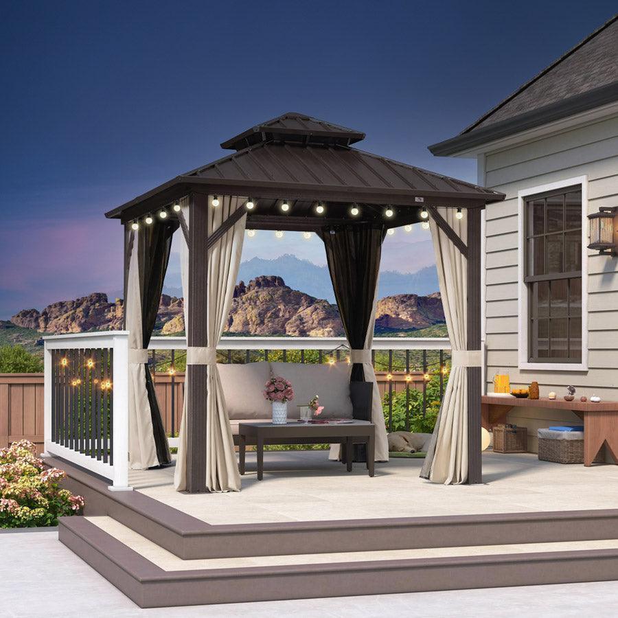 PURPLE LEAF Hardtop Gazebo Featuring Galvanized Steel Double Roof and Bronze Aluminum Frame with Curtains and Netting for Poolside with Lights-clear
