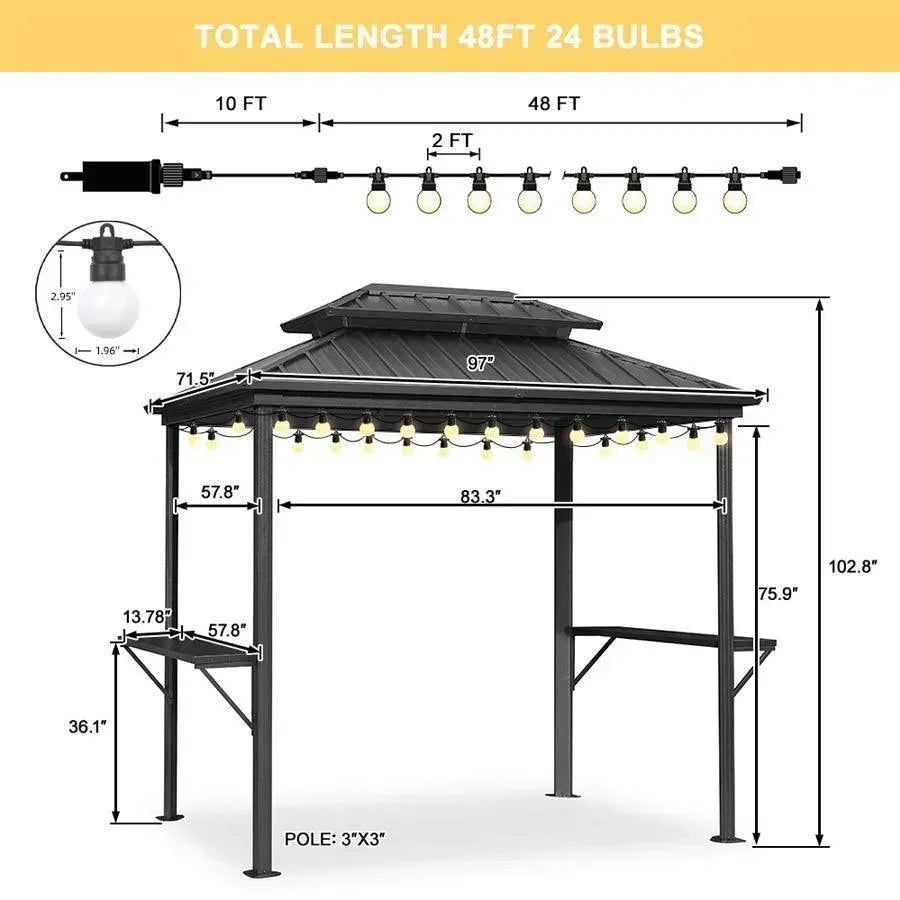 PURPLE LEAF Hardtop Grill Gazebo for Patio Grey Permanent Metal Roof Outside Sun Shade Outdoor BBQ Canopy with String Lights