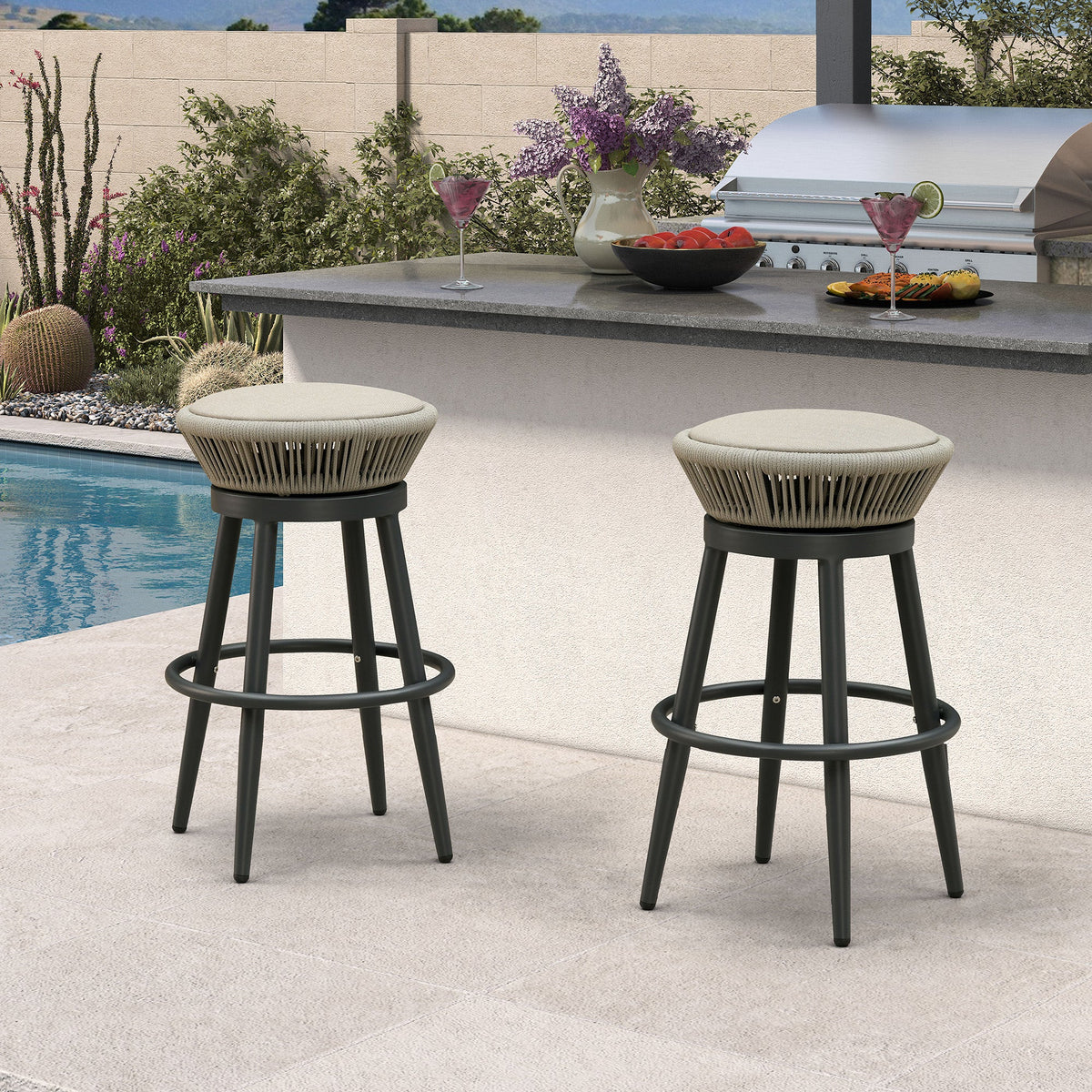 PURPLE LEAF Outdoor Swivel Bar Stools Set of 2 Metal Modern Rattan Bar Chairs with Backrest Aluminum Woven Barstools with Cushions