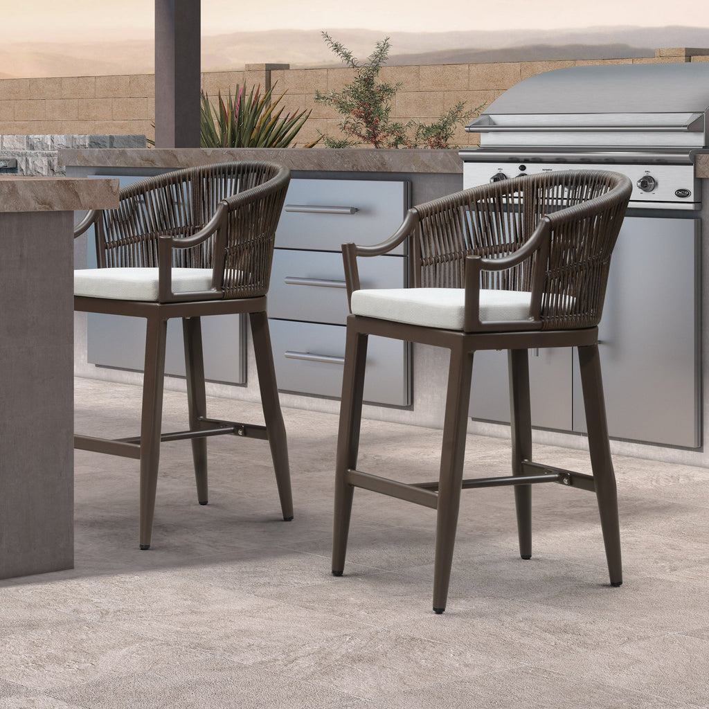 PURPLE LEAF Patio Bar Stools Set of 2 Outdoor Wicker Modern High Bar Chairs Metal Cushioned Barstools with Backs and Ergonomic Armrest