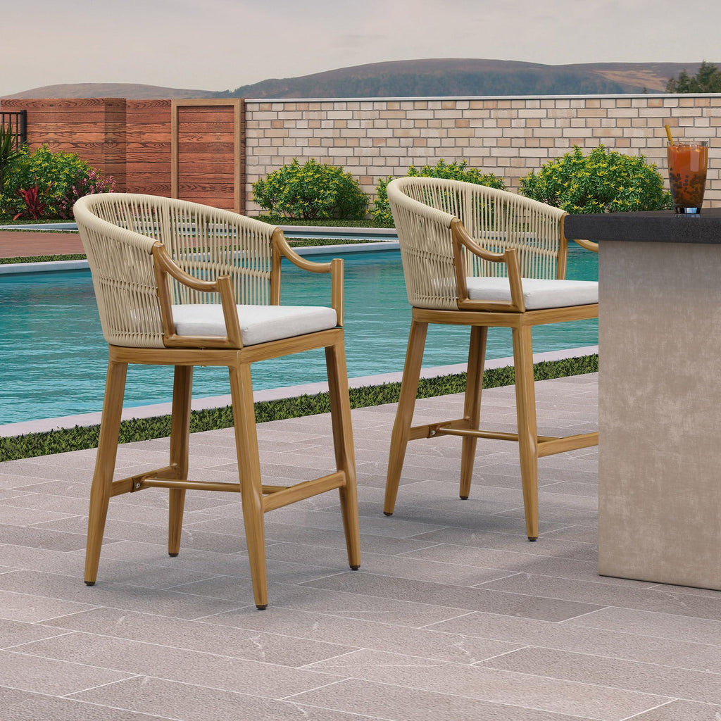 PURPLE LEAF Patio Bar Stools Set of 2 Outdoor Wicker Modern High Bar Chairs Metal Cushioned Barstools with Backs and Ergonomic Armrest