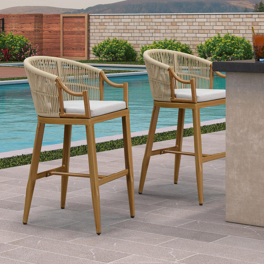 PURPLE LEAF Patio Bar Stools Set of 2 Outdoor Wicker Modern High Bar Chairs Metal Cushioned Barstools with Backs and Ergonomic Armrest