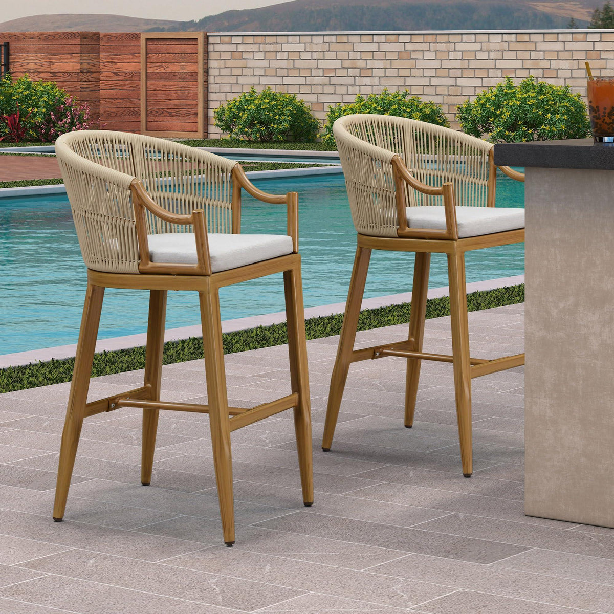 PURPLE LEAF Patio Bar Stools Set of 2 Outdoor Wicker Modern High Bar Chairs Metal Cushioned Barstools with Backs and Ergonomic Armrest