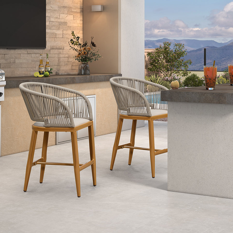 Clearance - PURPLE LEAF Outdoor Bar Stool Set of 2 Modern Rattan Bar Chairs with Woven Rope Back Wicker Patio Barstools for Indoor Kitchen Garden