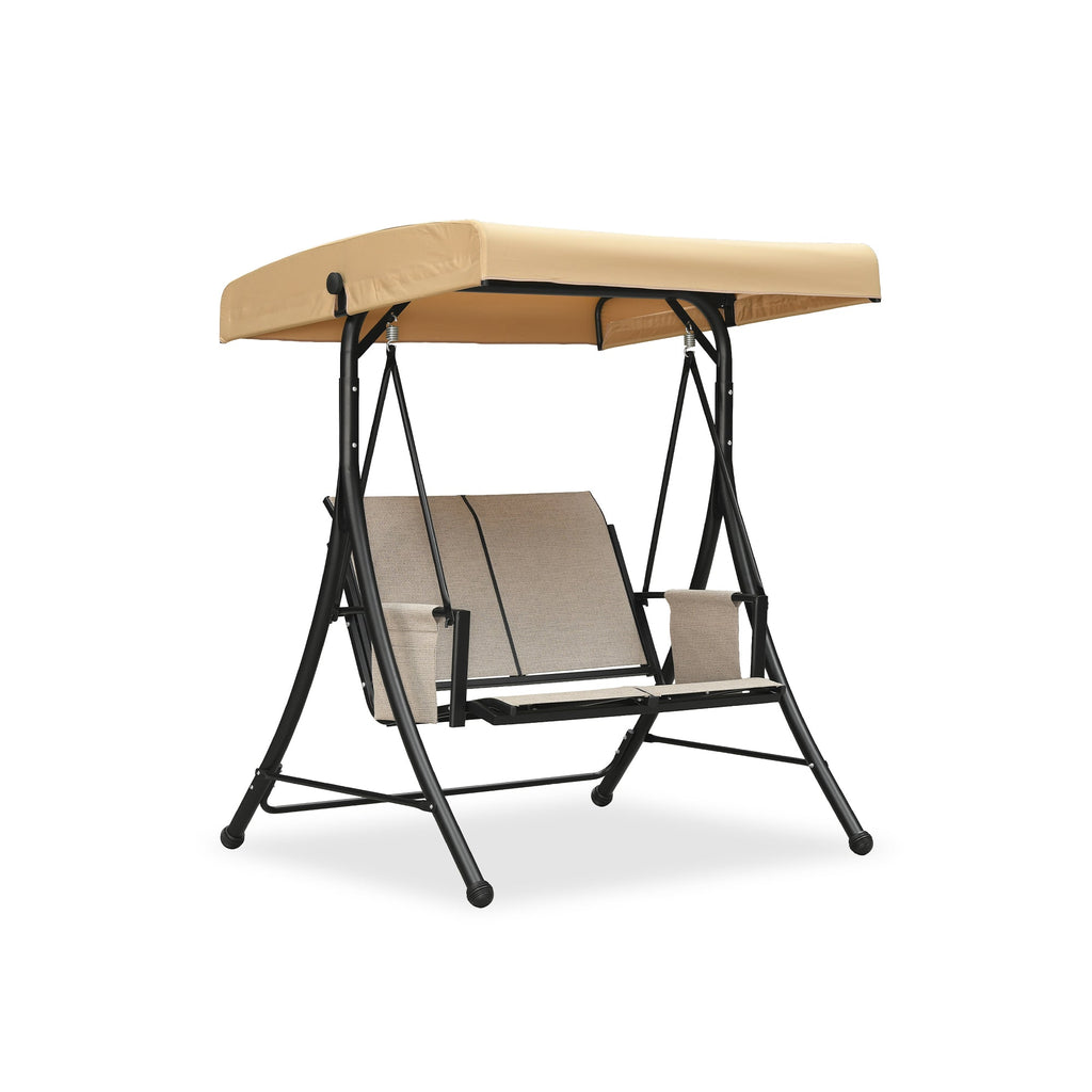 PURPLE LEAF Porch Swing with Adjustable Tilt Canopy Patio Swing with Stand and Meatl Steel Frame All-Weather Outdoor Swing Chair Seat Space-Saving for Backyard Garden Deck