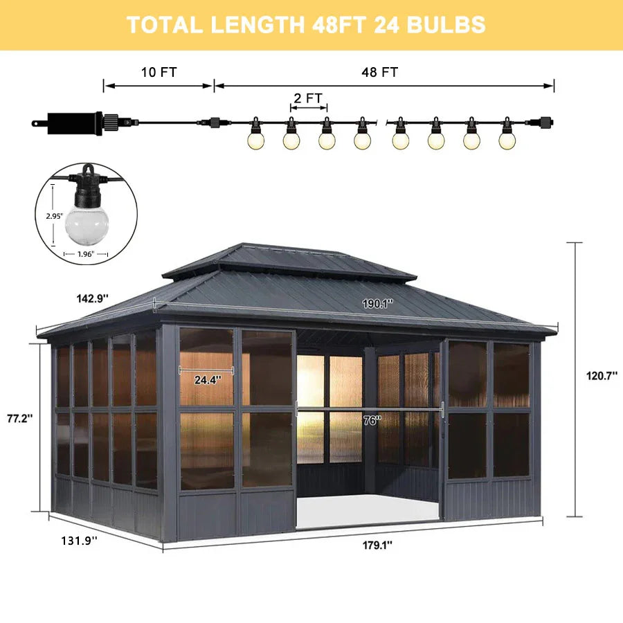 PURPLE LEAF Sunroom Hardtop Gazebo Solarium Grey Galvanized Steel Double Roof  All-Weather Aluminum Outdoor Screen House with String Lights