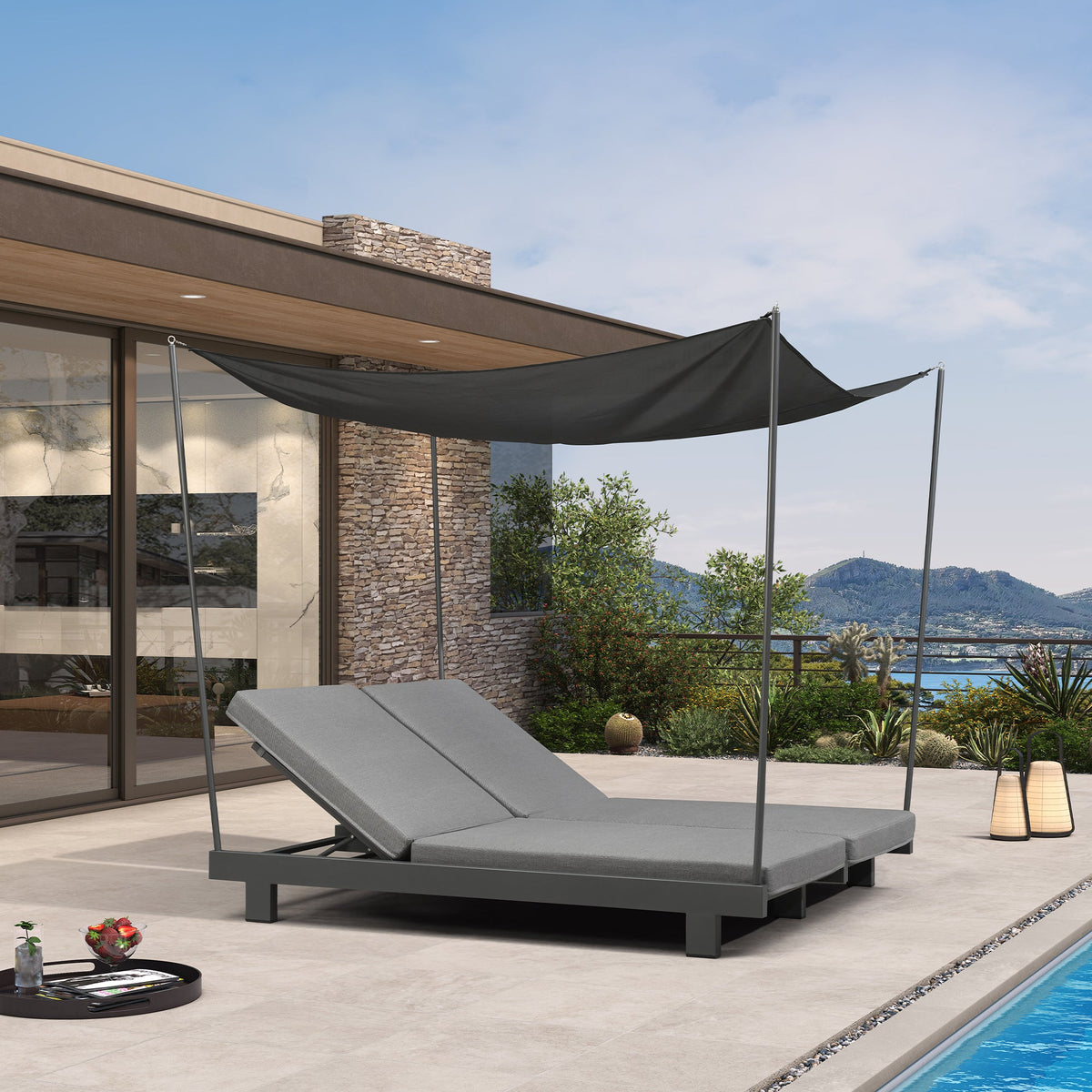 PURPLE LEAF Outdoor Luxury Daybed for Patio,  Poolside Chaise Lounge Bed with Cushion, Olefin Blend Fabric, Aluminum Frame Sunbed for Deck and Backyard