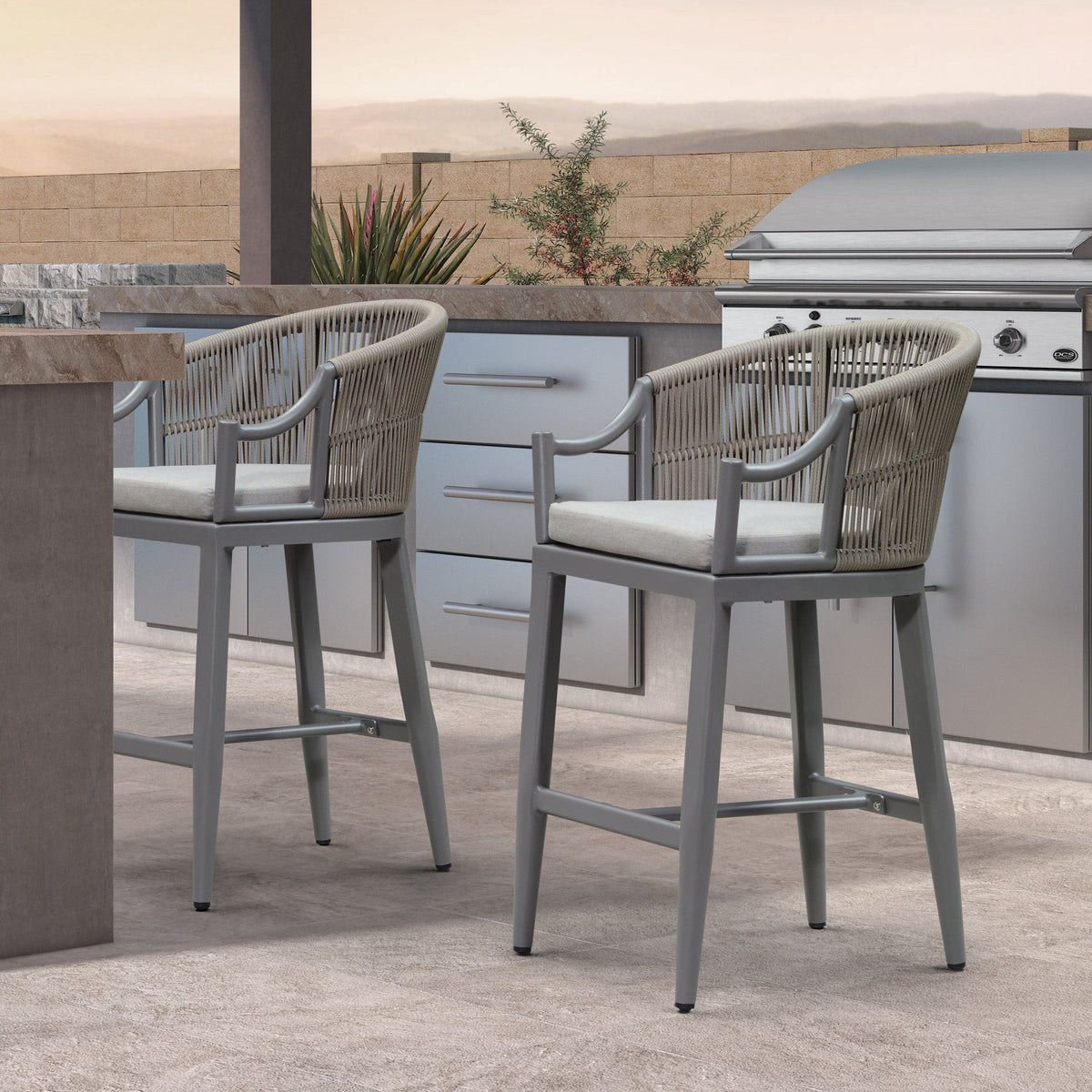 PURPLE LEAF Patio Bar Stools Set of 2 Outdoor Wicker Modern High Bar Chairs Metal Cushioned Barstools with Backs and Ergonomic Armrest
