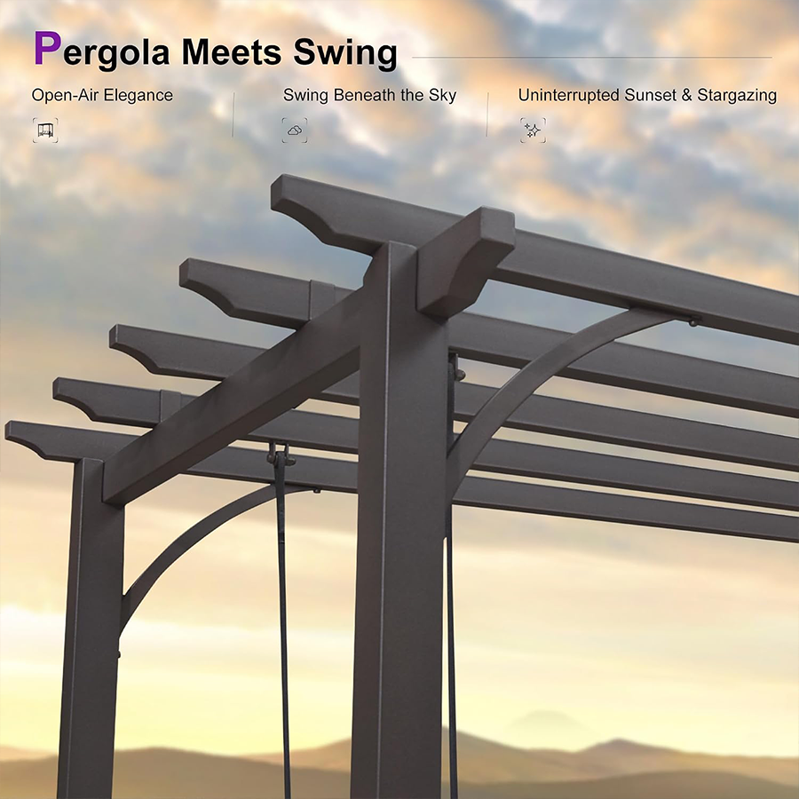 PURPLE LEAF 3-Seat Outdoor Metal Pergola Swing Bed Hanging Cloud Black rope Swing Chair with Stand Cushions & Pillows for Outdoor