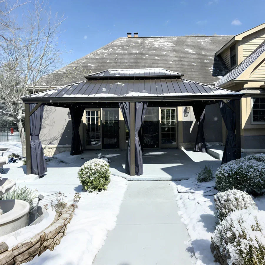 PURPLE LEAF Outdoor Hardtop Gazebo for Patio Bronze Aluminum Frame Pavilion with Navy-Blue Curtain