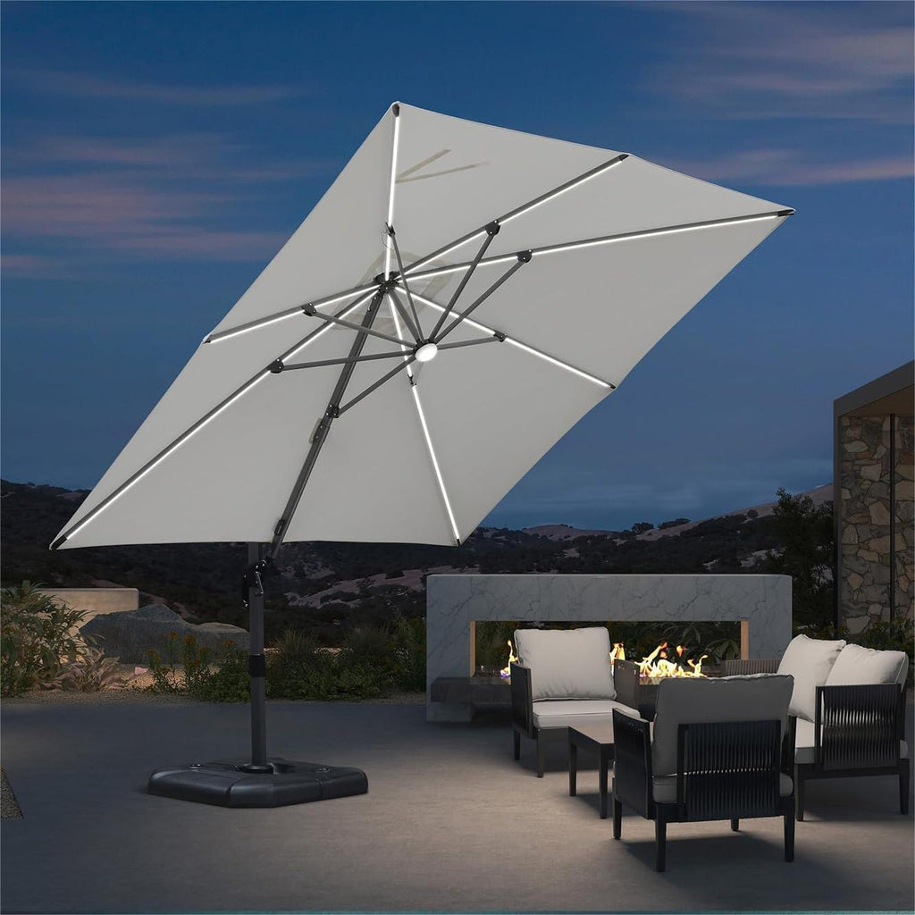 PURPLE LEAF – Parasol de terrasse déporté 10ft avec éclairage LED, rotation 360° et inclinaison