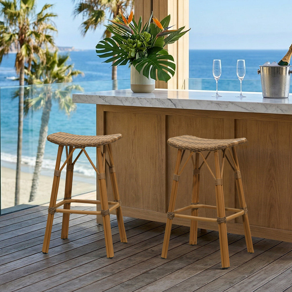 PURPLE LEAF Outdoor Bar Stools Set of 2 Backless Rattan Barstools with Saddle Seat and Footrest All Weather Aluminum Bar Chairs for Patio Kitchen Island Pool Balcony