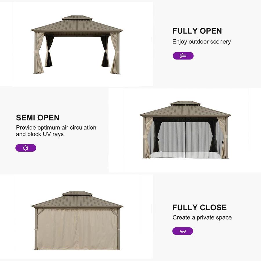 PURPLE LEAF Deck Gazebo Champagne Hardtop Metal Frame Double Roof with Curtains and Netting with Lights-clear