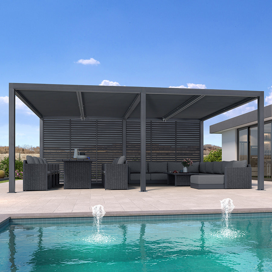 PURPLE LEAF Athena Louvered Pergola Grey Outdoor Aluminum Pergola with Shutter Wall Adjustable Gazebo Rainproof for Patio Deck Garden