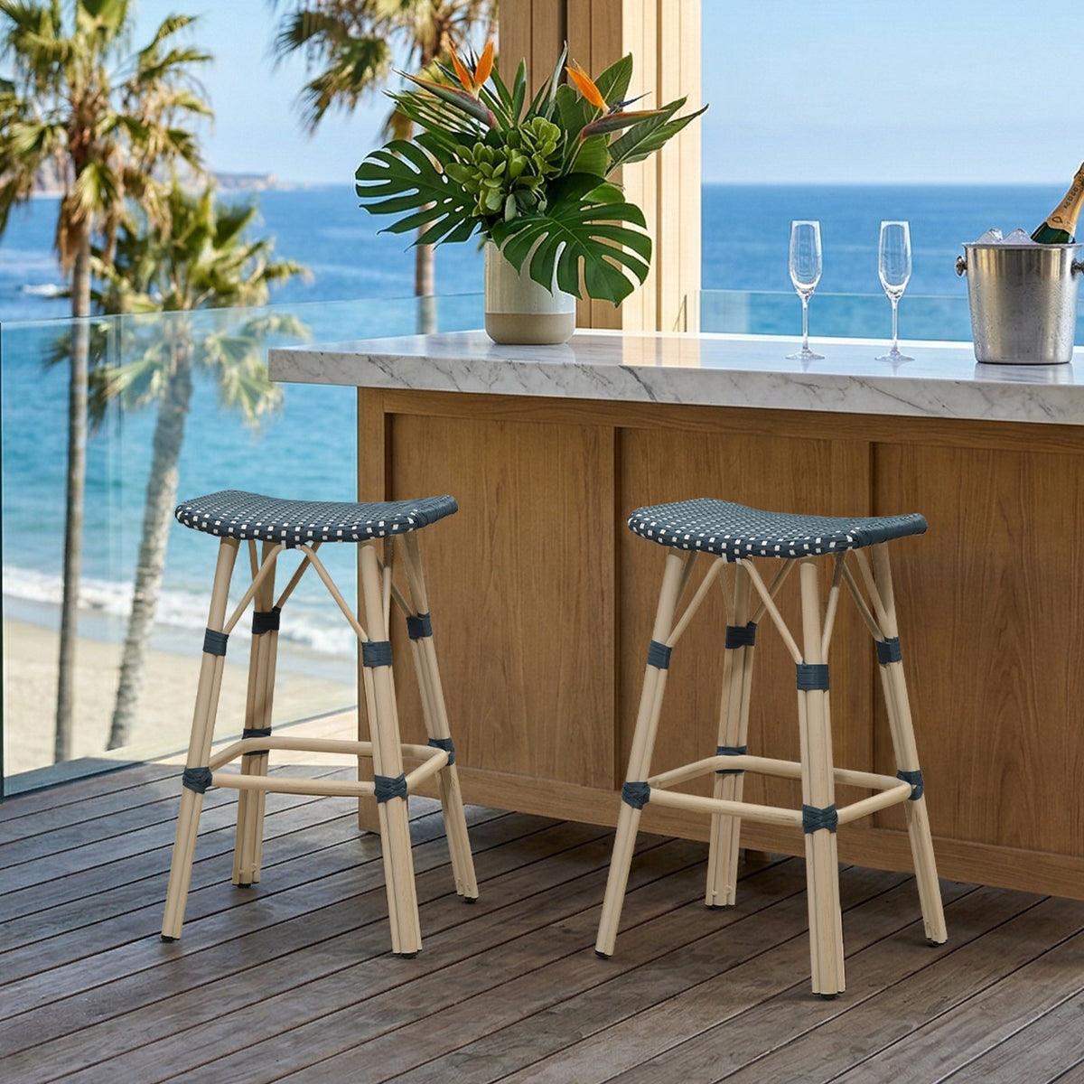 PURPLE LEAF Outdoor Bar Stools Set of 2 Backless Rattan Barstools with Saddle Seat and Footrest All Weather Aluminum Bar Chairs for Patio Kitchen Island Pool Balcony
