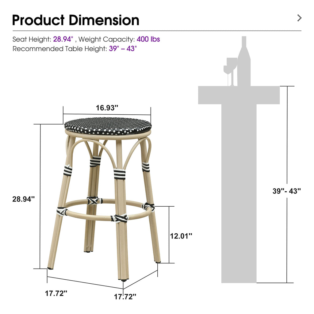 PURPLE LEAF Patio French Round Counter Stool Set of 2 Rattan Backless Stackable Barstools Aluminum Frame Footrest with Woven Wicker for Outdoor Kitchen Yard