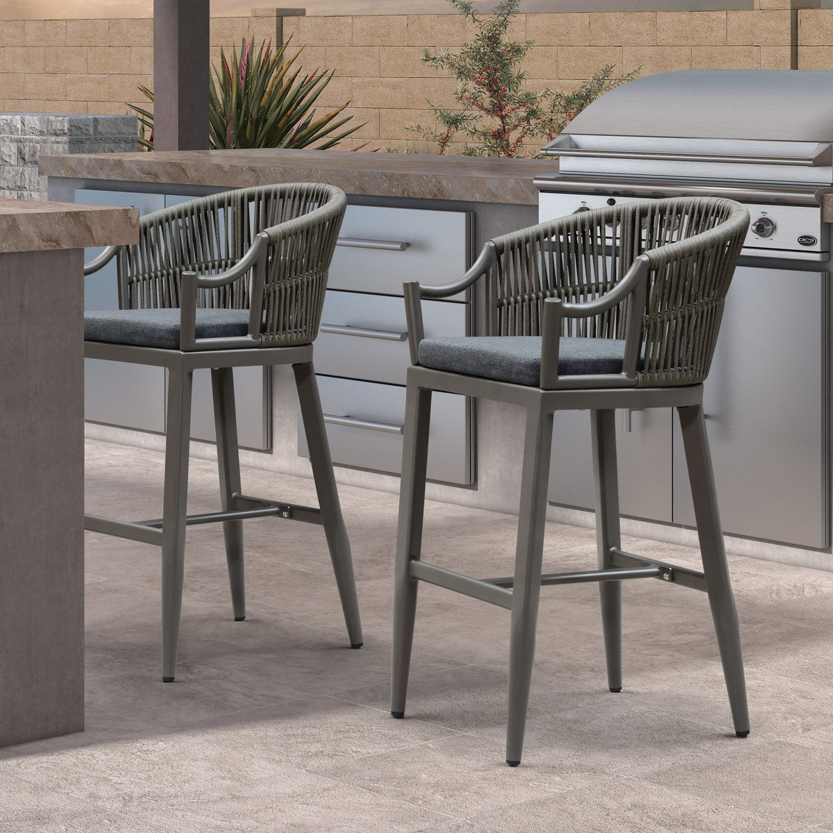 PURPLE LEAF Patio Bar Stools Set of 2 Outdoor Wicker Modern High Bar Chairs Metal Cushioned Barstools with Backs and Ergonomic Armrest